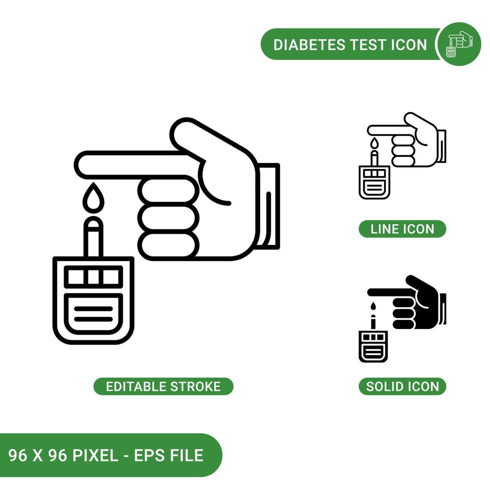 Diabetes test icons set vector illustration with solid icon line style. Sugar level test concept. Editable stroke icon on isolated background for web design, infographic and UI mobile app.