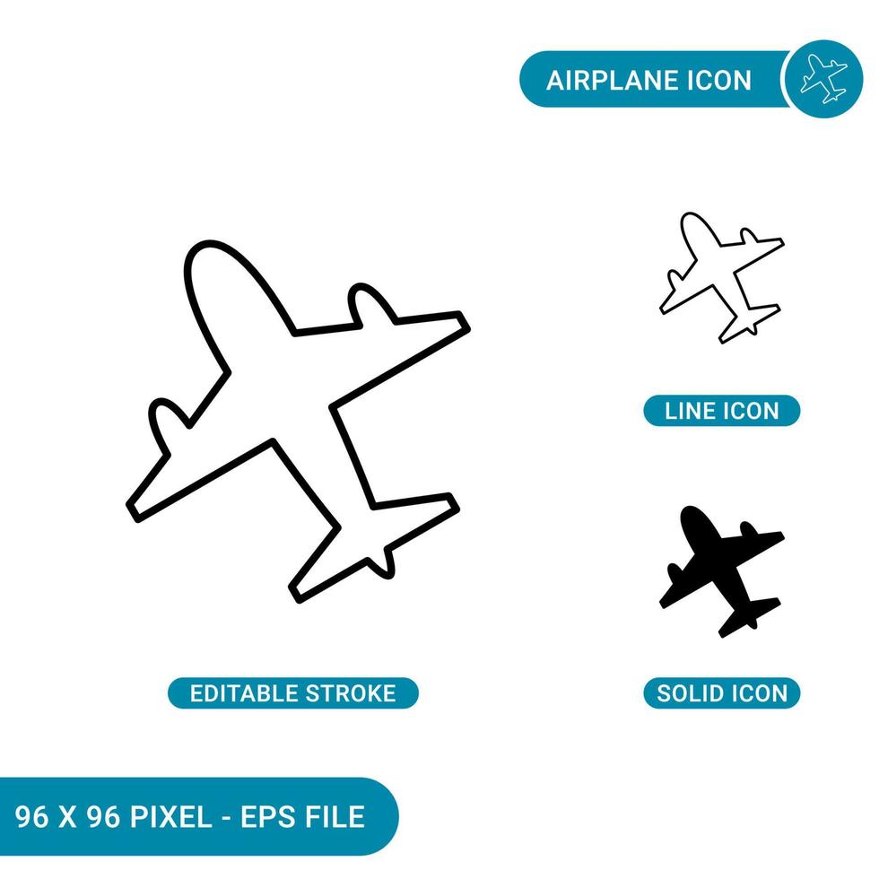 Airplane icons set vector illustration with solid icon line style. Aeroplane concept. Editable stroke icon on isolated background for web design, infographic and UI mobile app.