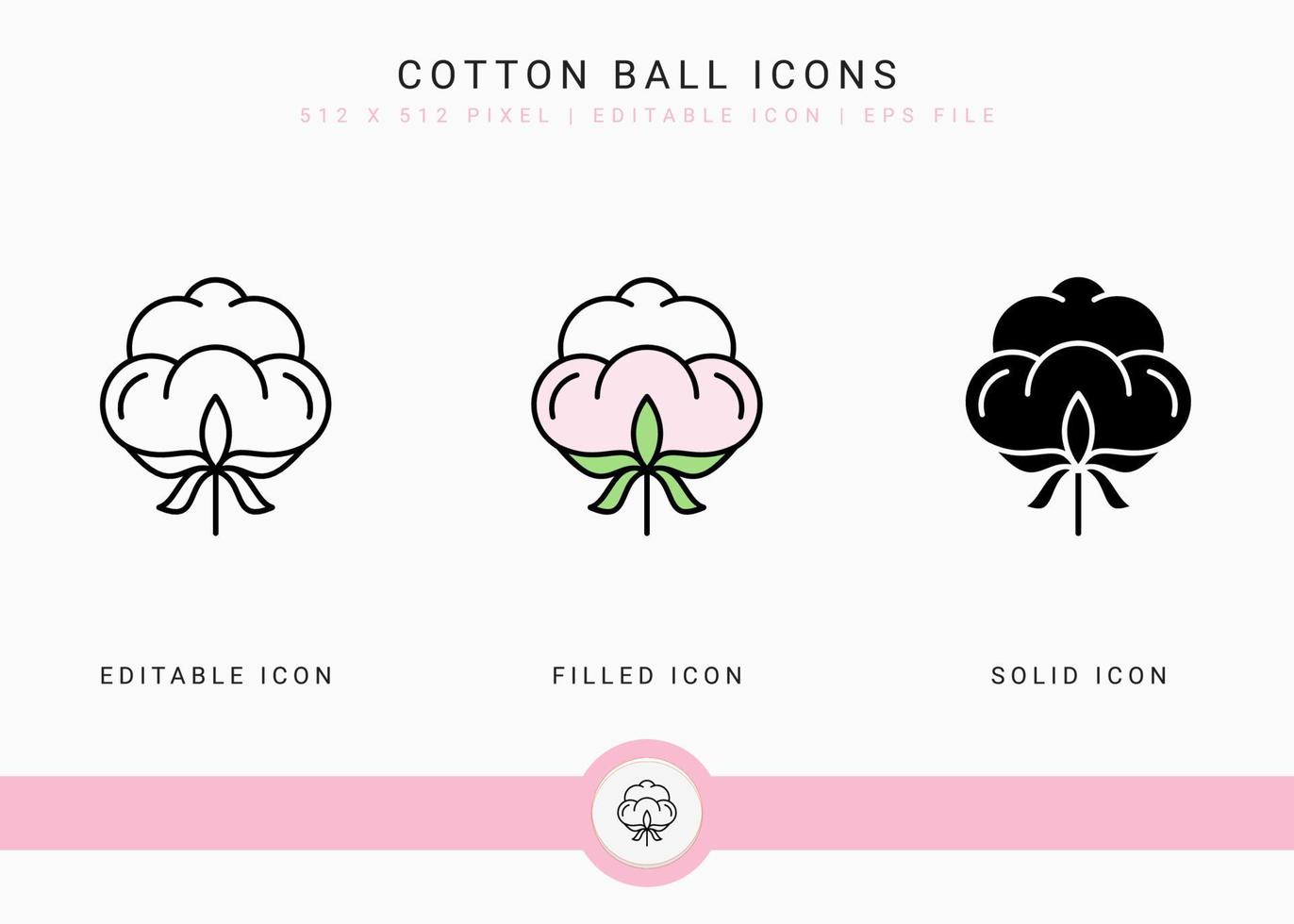 iconos de bolas de algodón establecen ilustración vectorial con estilo de línea de icono sólido. concepto de flor de algodón. icono de trazo editable en un fondo aislado para diseño web, interfaz de usuario y aplicación móvil vector