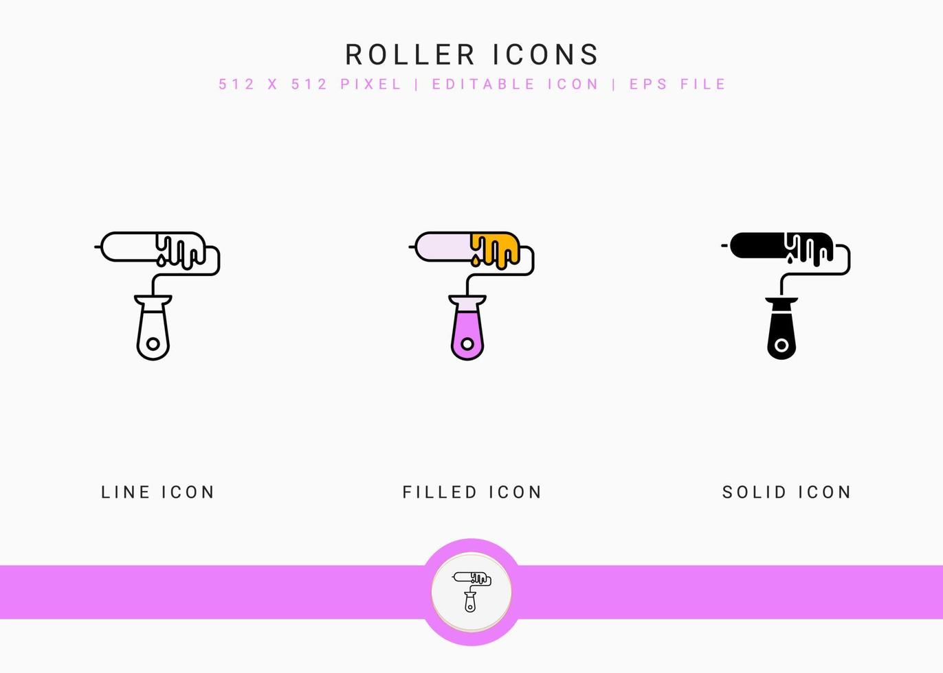 Roller icons set vector illustration with solid icon line style. Color tool art concept. Editable stroke icon on isolated background for web design, user interface, and mobile application