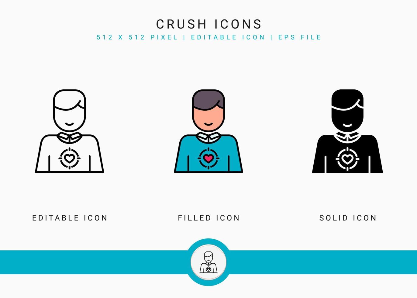 Crush icons set vector illustration with solid icon line style. Wedding love romance concept. Editable stroke icon on isolated background for web design, user interface, and mobile application