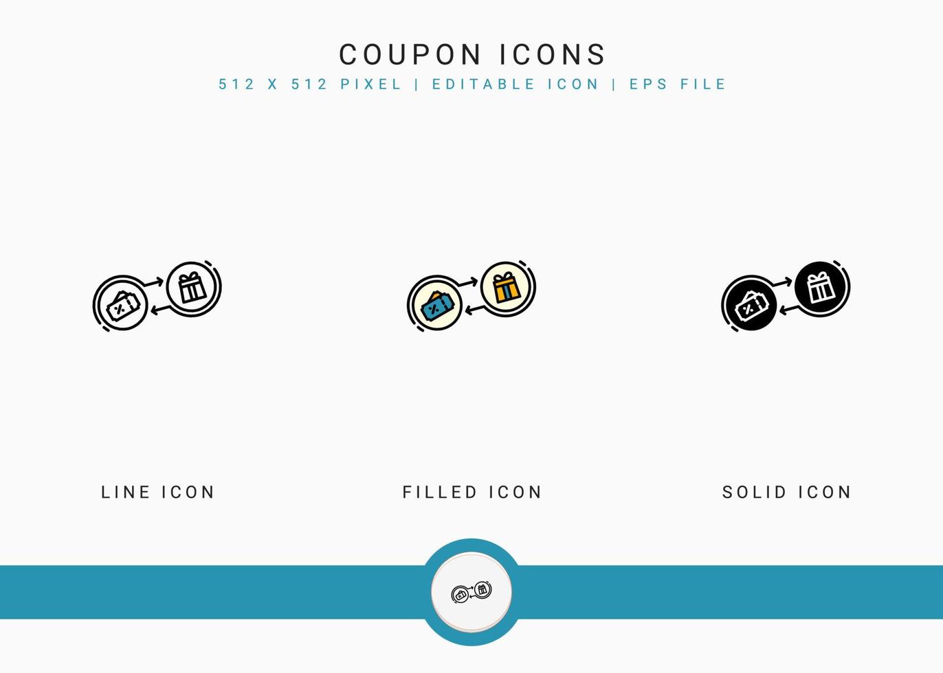 Coupon icons set vector illustration with solid icon line style. Loyalty member reward concept. Editable stroke icon on isolated background for web design, user interface, and mobile app
