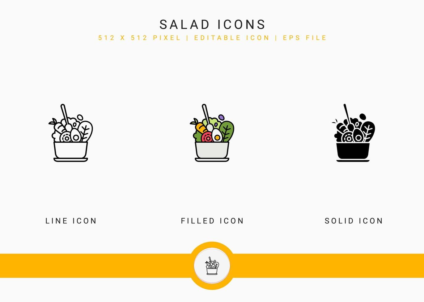 Salad icons set vector illustration with solid icon line style. Healthy vegan ingredients concept. Editable stroke icon on isolated white background for web design, user interface, and mobile app