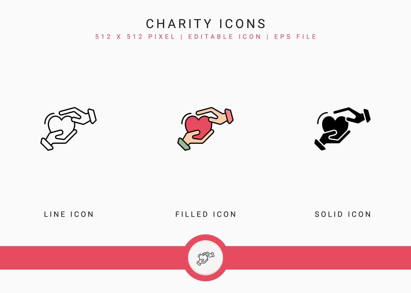 Charity icons set vector illustration with solid icon line style. Back give solidarity concept. Editable stroke icon on isolated background for web design, user interface, and mobile app