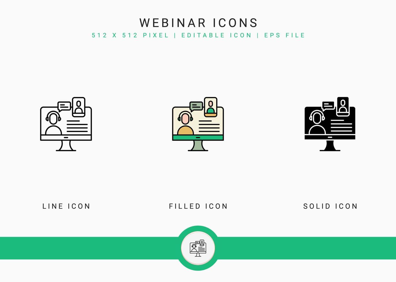 los iconos del seminario web establecen una ilustración vectorial con un estilo de línea de icono sólido. concepto de videoconferencia en línea. icono de trazo editable en un fondo aislado para diseño web, interfaz de usuario y aplicación móvil vector