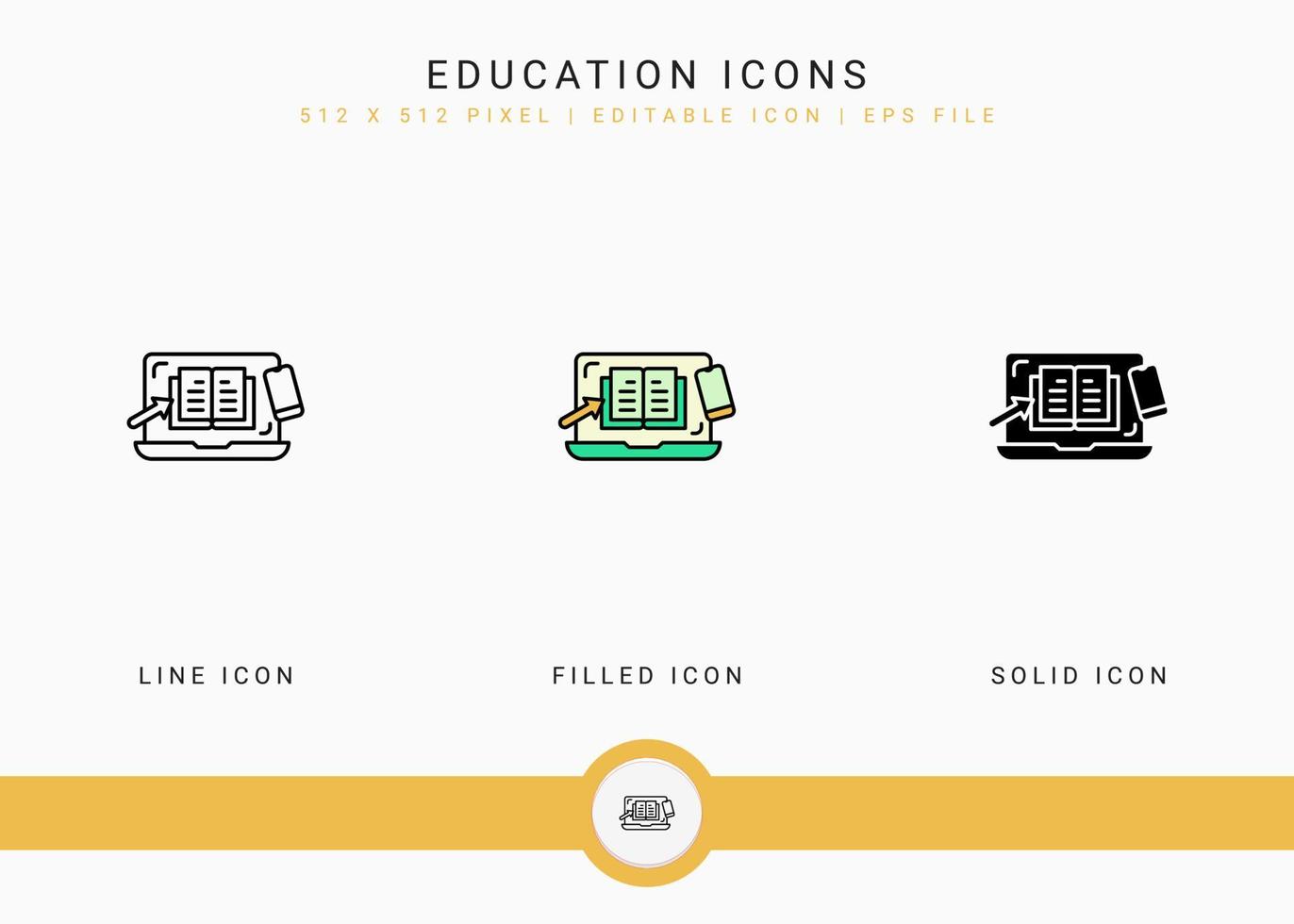 Education icons set vector illustration with solid icon line style. Online video webinar concept. Editable stroke icon on isolated background for web design, user interface, and mobile app