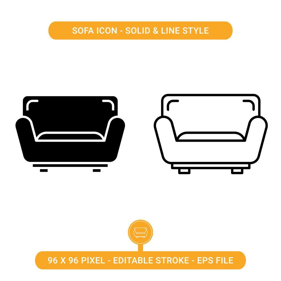 Sofa icons set vector illustration. Editable solid icon and thin line icon style. Couch furniture concept on isolated background for web design, and UI mobile app.