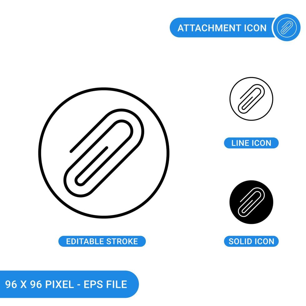 Attachment icons set vector illustration with solid icon line style. Document clip concept. Editable stroke icon on isolated background for web design, infographic and UI mobile app.