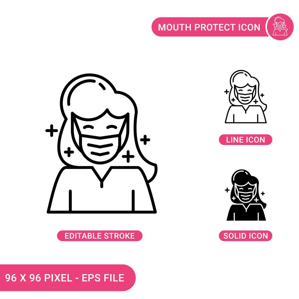 Mouth protect icons set vector illustration with solid icon line style. Woman face mask concept. Editable stroke icon on isolated background for web design, infographic and UI mobile app.