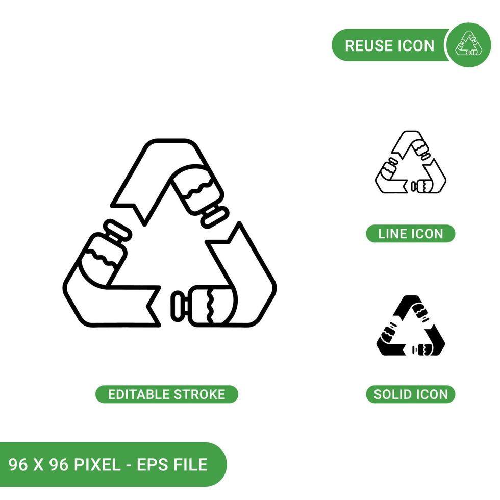 Reuse icons set vector illustration with solid icon line style. Bottle recycle concept. Editable stroke icon on isolated background for web design, infographic and UI mobile app.