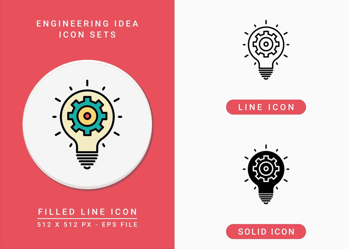 Engineering idea icons set vector illustration with solid icon line style. Gear and bulb symbol. Editable stroke icon on isolated background for web design, user interface, and mobile app
