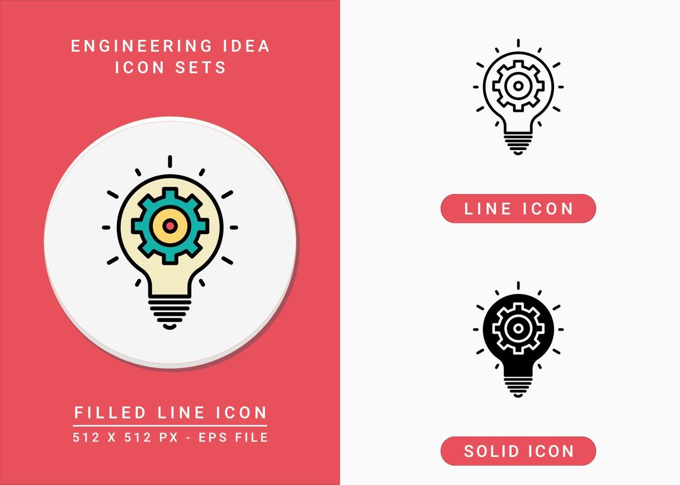 iconos de ideas de ingeniería establecen ilustración vectorial con estilo de línea de icono sólido. símbolo de engranaje y bombilla. icono de trazo editable en un fondo aislado para diseño web, interfaz de usuario y aplicación móvil vector