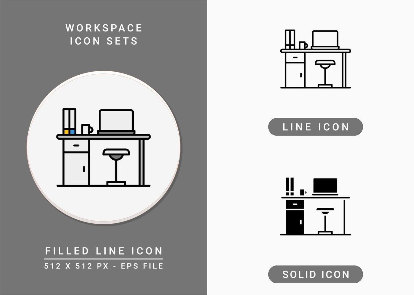 Workspace icons set vector illustration with solid icon line style. Office desk symbol. Editable stroke icon on isolated background for web design, infographic and UI mobile app.