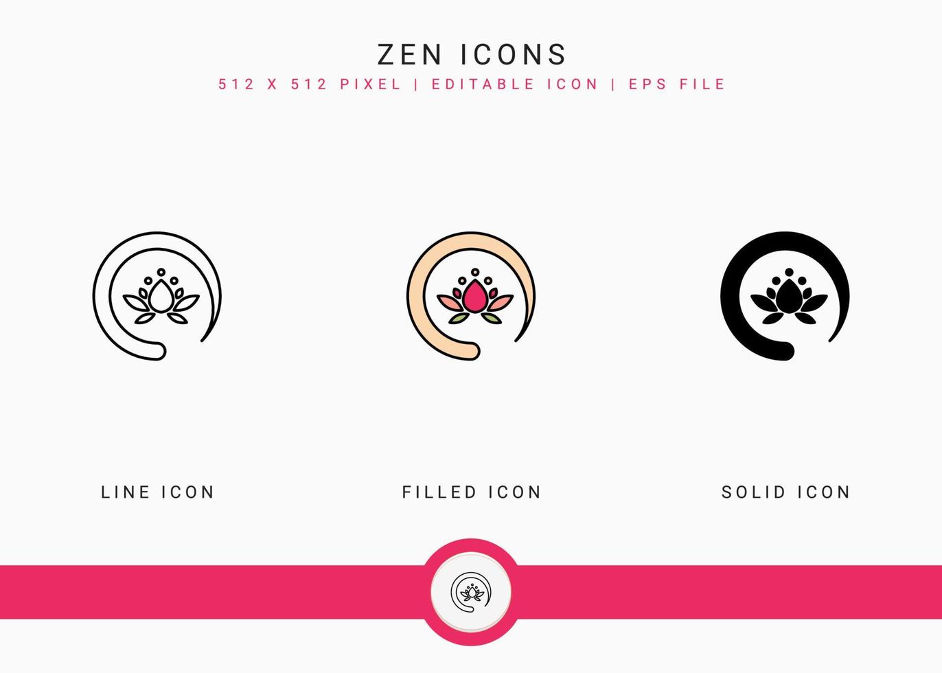 Zen icons set vector illustration with solid icon line style. Meditating energy concept. Editable stroke icon on isolated background for web design, user interface, and mobile app