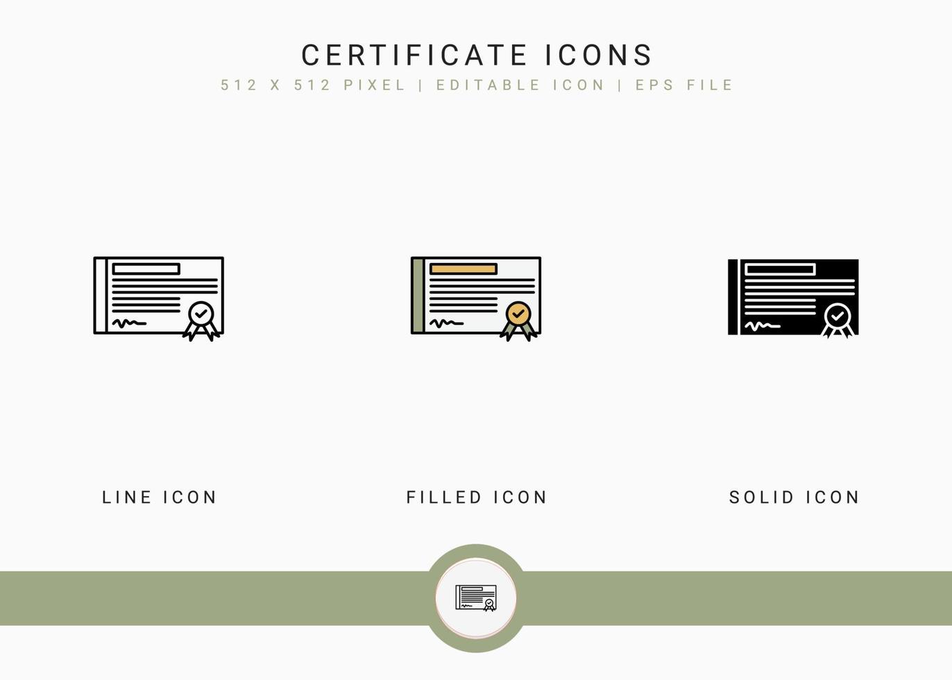 Certificate icons set vector illustration with solid icon line style. Winner award concept. Editable stroke icon on isolated background for web design, user interface, and mobile app