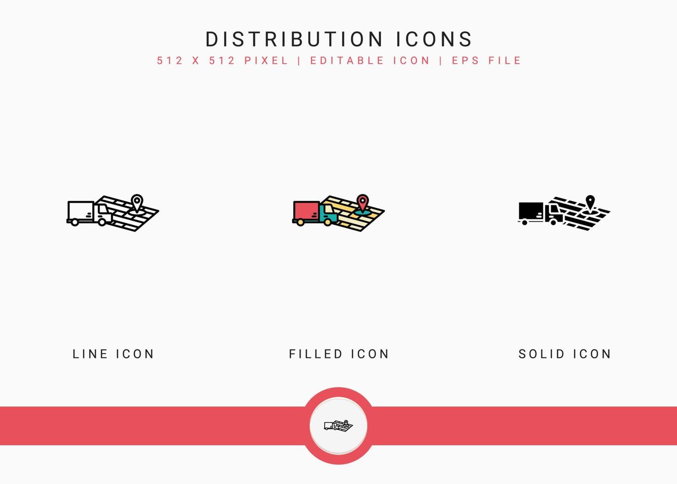 Distribution icons set vector illustration with solid icon line style. Logistic delivery concept. Editable stroke icon on isolated background for web design, user interface, and mobile app