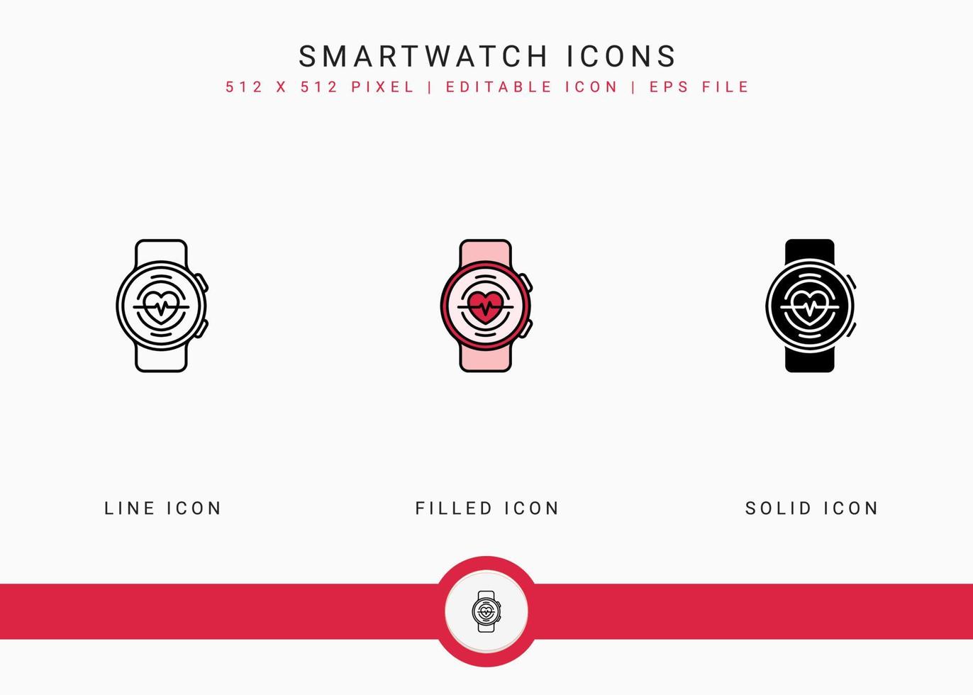 Smartwatch icons set vector illustration with solid icon line style. Electronics smart device concept. Editable stroke icon on isolated background for web design, user interface, and mobile app