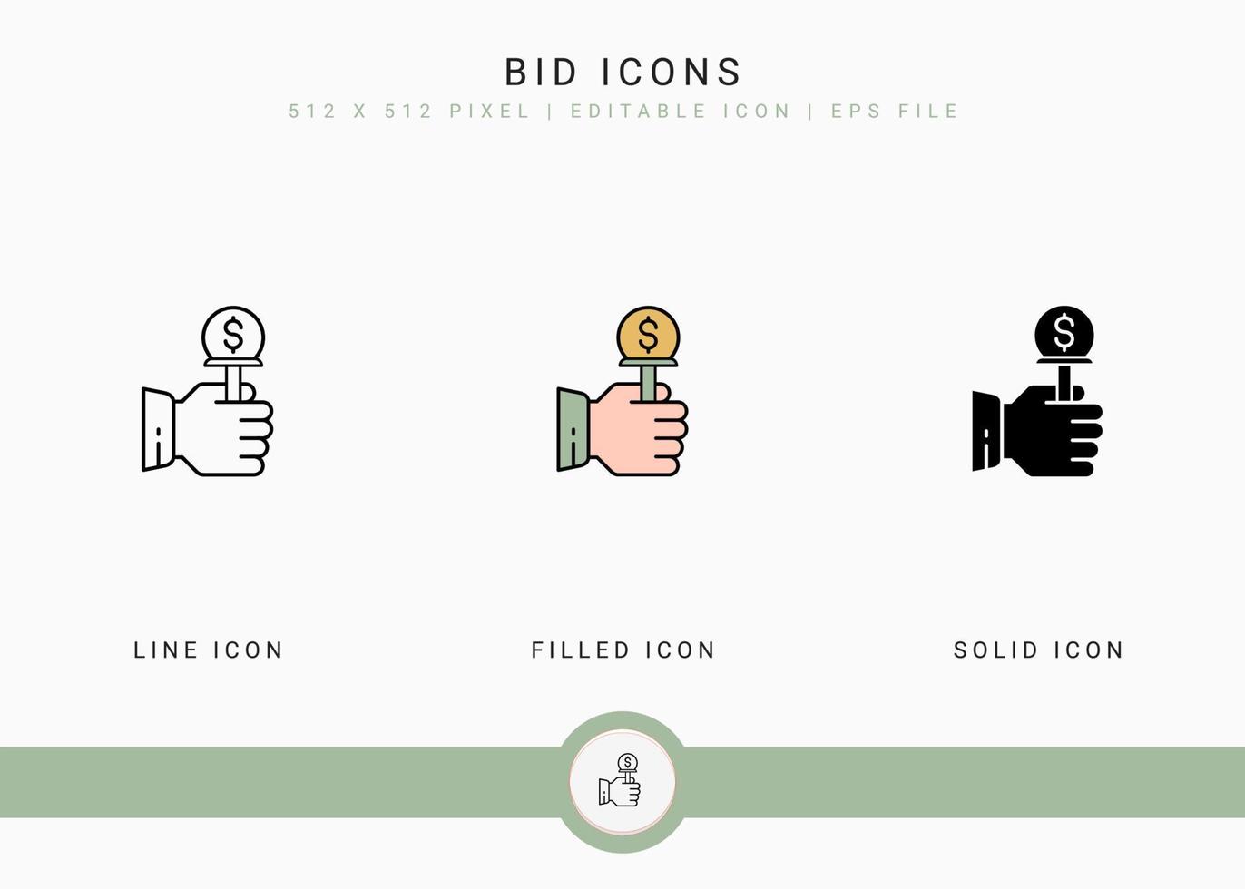 Bid icons set vector illustration with solid icon line style. Auction act concept. Editable stroke icon on isolated background for web design, user interface, and mobile application