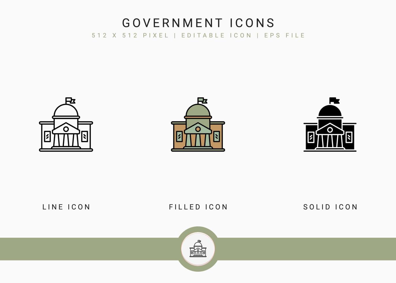Government icons set vector illustration with solid icon line style. Politics public election concept. Editable stroke icon on isolated background for web design, user interface, and mobile app