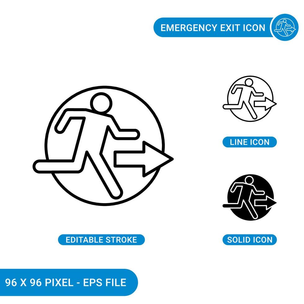 Emergency exit icons set vector illustration with solid icon line style. Fire evacuation sign concept. Editable stroke icon on isolated background for web design, infographic and UI mobile app.