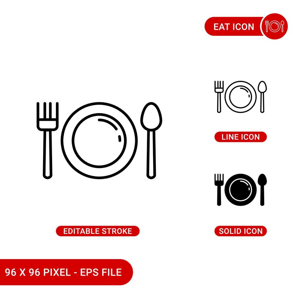 Eat icons set vector illustration with solid icon line style. Dishware concept. Editable stroke icon on isolated background for web design, infographic and UI mobile app.