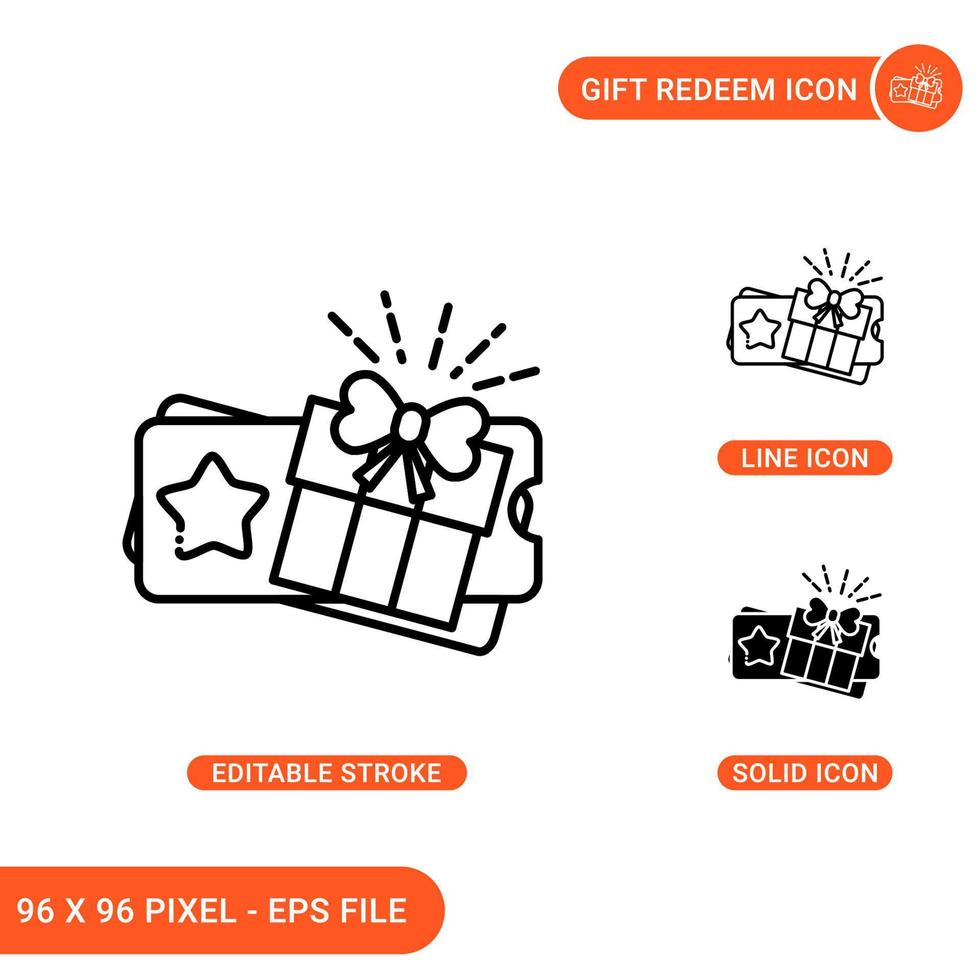 Gift redeem icons set vector illustration with solid icon line style. Bonus prize card concept. Editable stroke icon on isolated background for web design, infographic and UI mobile app.