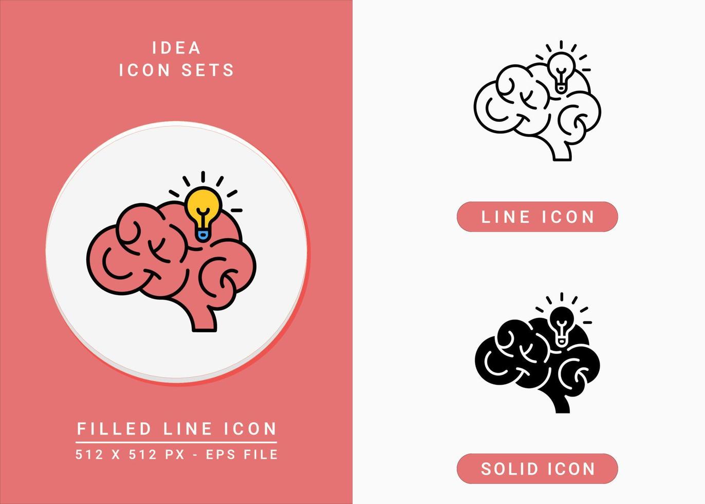 iconos de idea establecen ilustración vectorial con estilo de línea de icono sólido. símbolo de cerebro y bombilla. icono de trazo editable en un fondo aislado para diseño web, interfaz de usuario y aplicación móvil vector