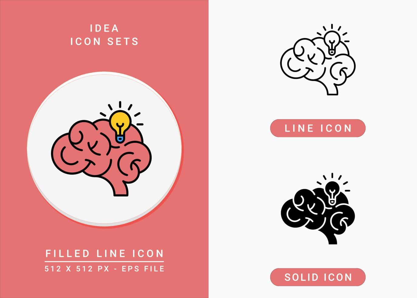 Idea icons set vector illustration with solid icon line style. Brain and Light bulb symbol. Editable stroke icon on isolated background for web design, user interface, and mobile app