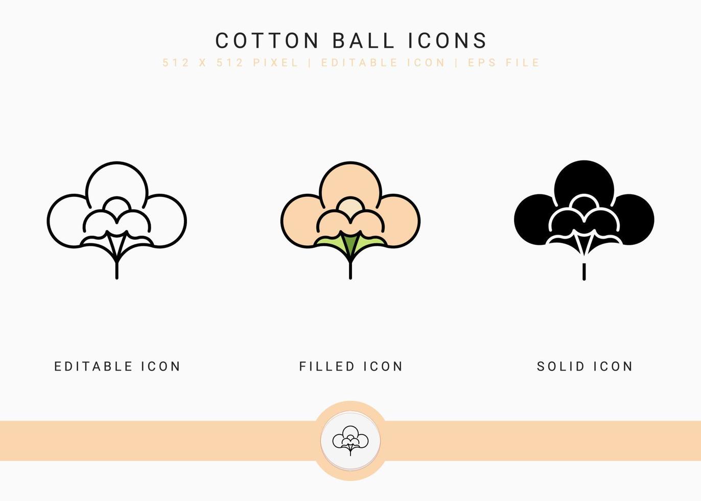 iconos de bolas de algodón establecen ilustración vectorial con estilo de línea de icono sólido. concepto de flor de algodón. icono de trazo editable en un fondo aislado para diseño web, interfaz de usuario y aplicación móvil vector