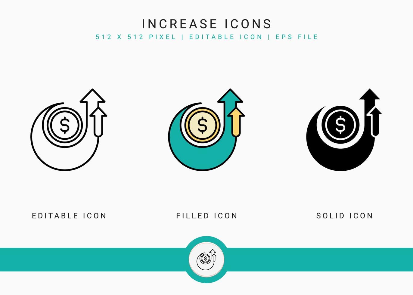 Increase icons set vector illustration with solid icon line style. Business grow development concept. Editable stroke icon on isolated background for web design, infographic and UI mobile app.