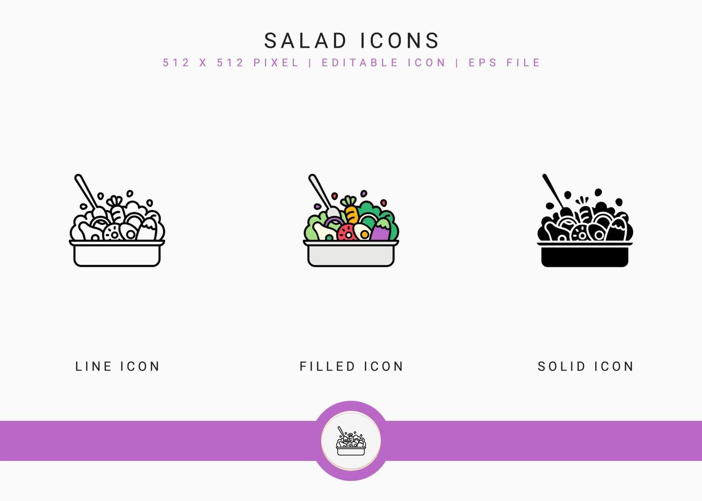 Salad icons set vector illustration with solid icon line style. Healthy vegan ingredients concept. Editable stroke icon on isolated white background for web design, user interface, and mobile app