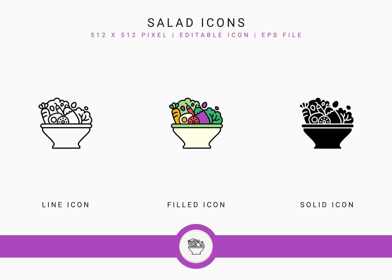 Salad icons set vector illustration with solid icon line style. Healthy vegan ingredients concept. Editable stroke icon on isolated white background for web design, user interface, and mobile app