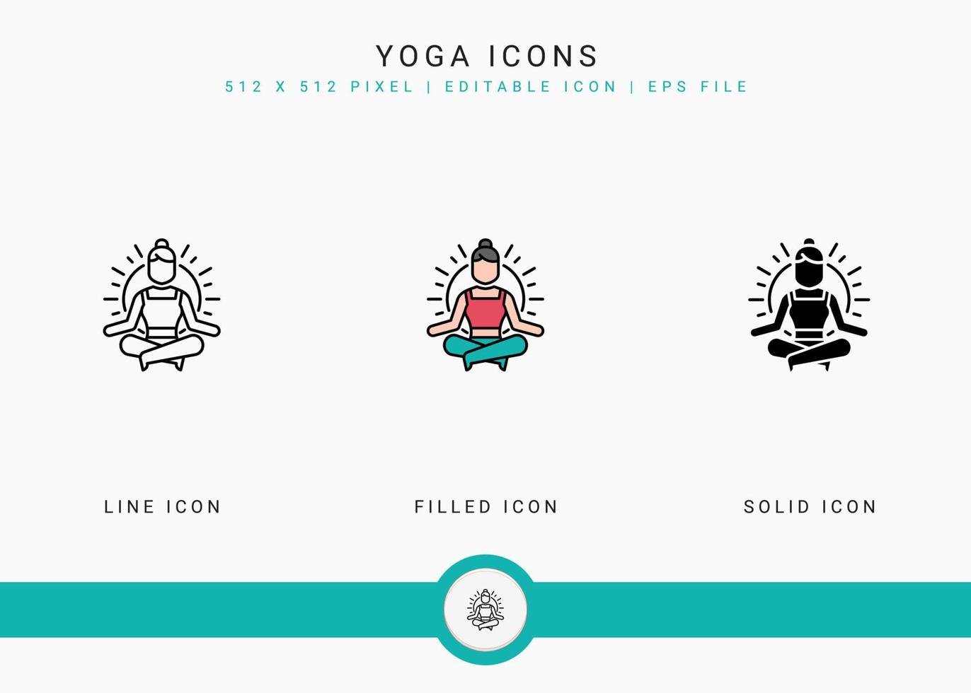 Yoga icons set vector illustration with solid icon line style. Meditating energy concept. Editable stroke icon on isolated background for web design, user interface, and mobile app