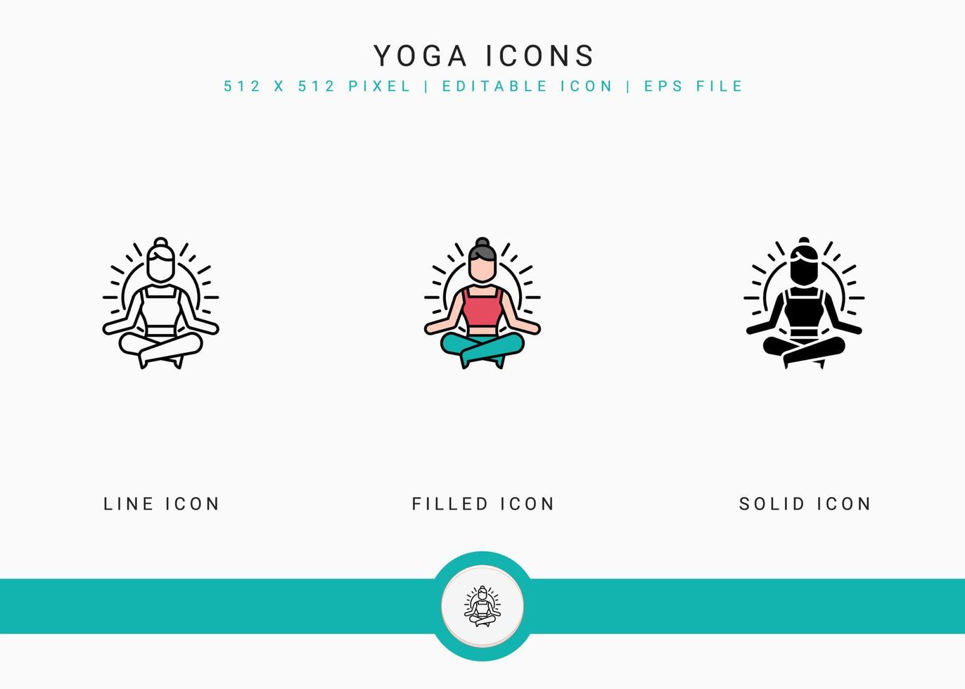 iconos de yoga establecen ilustración vectorial con estilo de línea de icono sólido. concepto de energía de meditación. icono de trazo editable en un fondo aislado para diseño web, interfaz de usuario y aplicación móvil vector