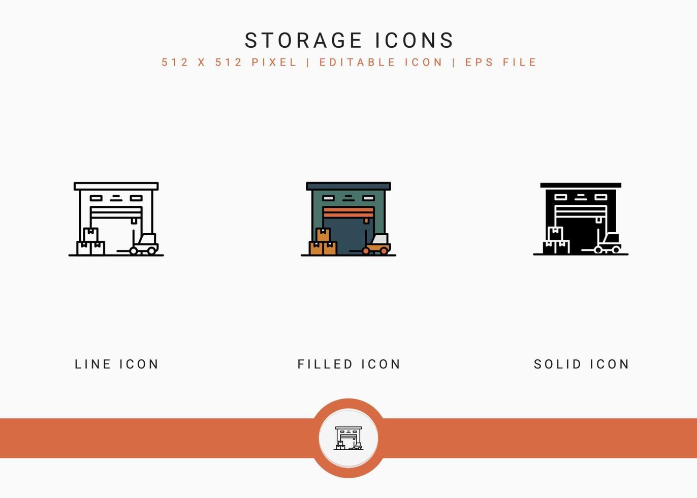 iconos de almacenamiento establecen ilustración vectorial con estilo de línea de icono sólido. concepto de servicio de entrega. icono de trazo editable en un fondo aislado para diseño web, interfaz de usuario y aplicación móvil vector