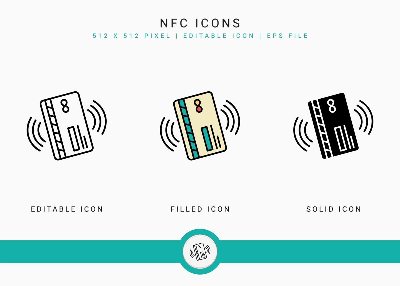 NFC icons set vector illustration with solid icon line style. Wireless payment concept. Editable stroke icon on isolated background for web design, user interface, and mobile application