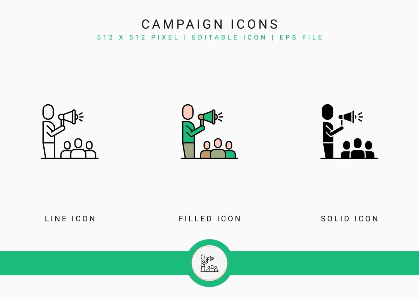 Campaign icons set vector illustration with solid icon line style. Government public election concept. Editable stroke icon on isolated background for web design, user interface, and mobile app