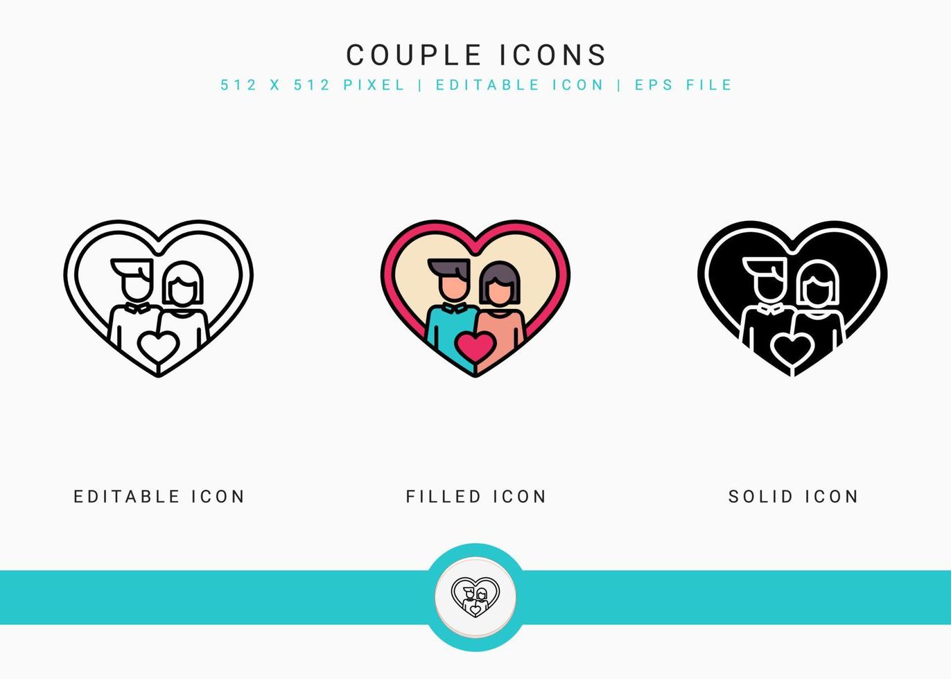 Couple icons set vector illustration with solid icon line style. Wedding love romance concept. Editable stroke icon on isolated background for web design, user interface, and mobile application