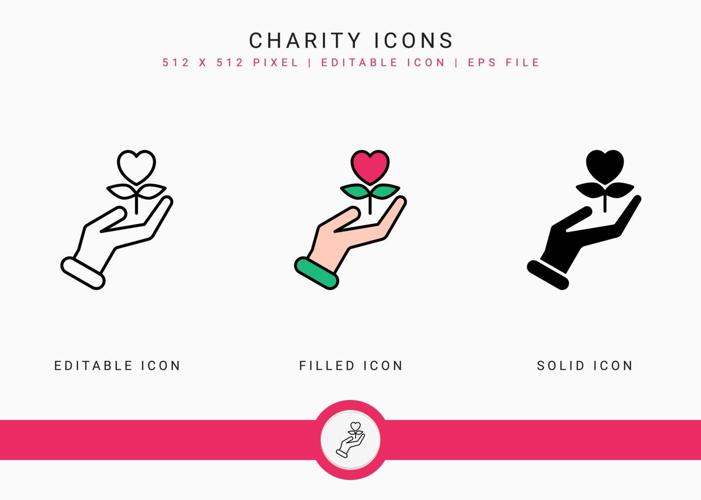 Charity icons set vector illustration with solid icon line style. Donation love support concept. Editable stroke icon on isolated background for web design, user interface, and mobile app