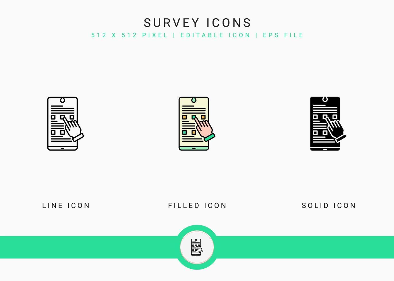 Survey icons set vector illustration with solid icon line style. Customer satisfaction check concept. Editable stroke icon on isolated background for web design, infographic and UI mobile app.