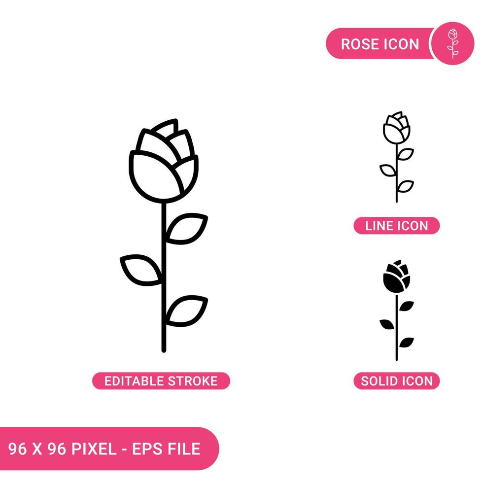 Rose icons set vector illustration with solid icon line style. Beautiful flower concept. Editable stroke icon on isolated background for web design, infographic and UI mobile app.