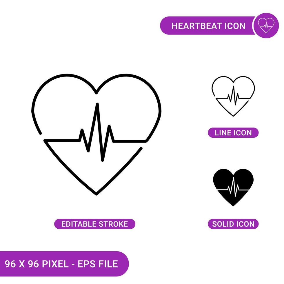 Heartbeat icons set vector illustration with solid icon line style. Cardiogram concept. Editable stroke icon on isolated background for web design, infographic and UI mobile app.