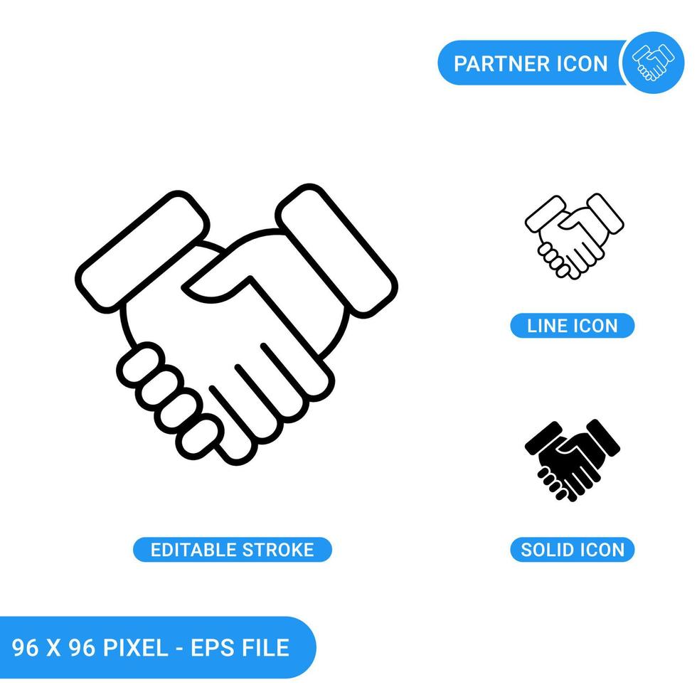 los iconos de socios establecen una ilustración vectorial con un estilo de línea de icono sólido. concepto de apretón de manos. icono de trazo editable en un fondo aislado para diseño web, infografía y aplicación móvil ui. vector