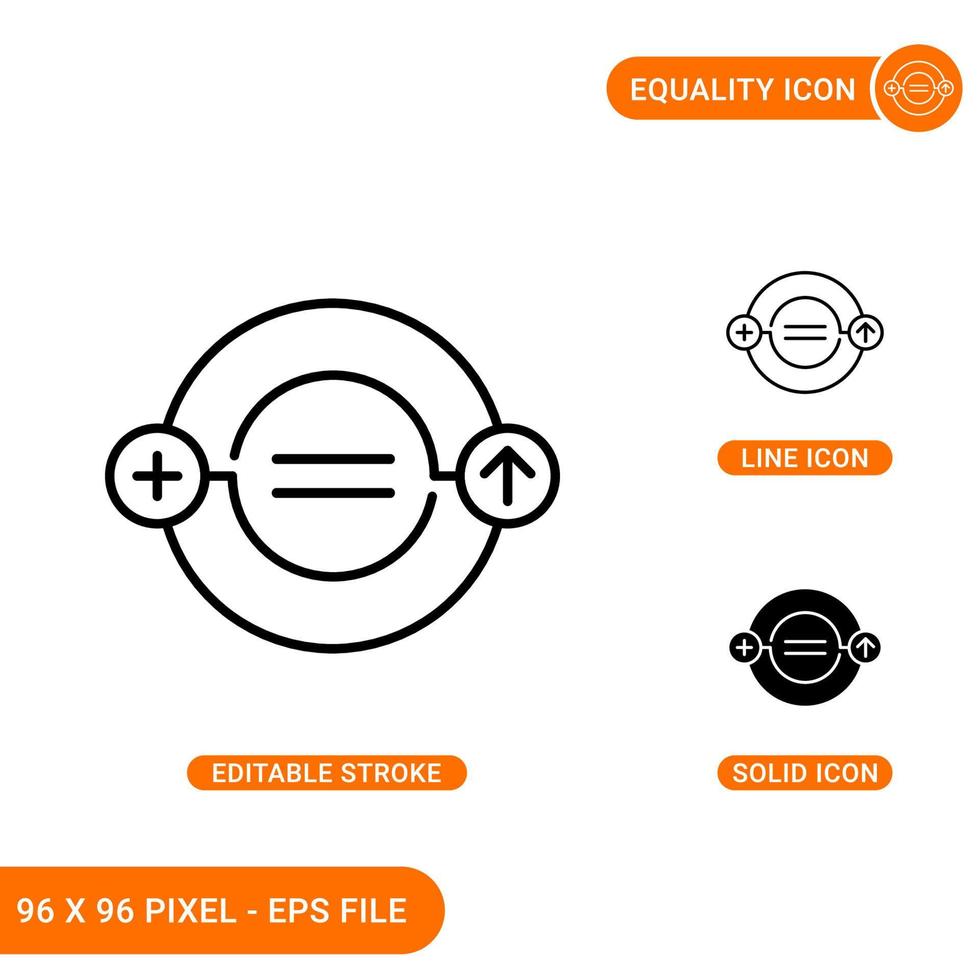 Equality icons set vector illustration with solid icon line style. Male female equal concept. Editable stroke icon on isolated background for web design, infographic and UI mobile app.