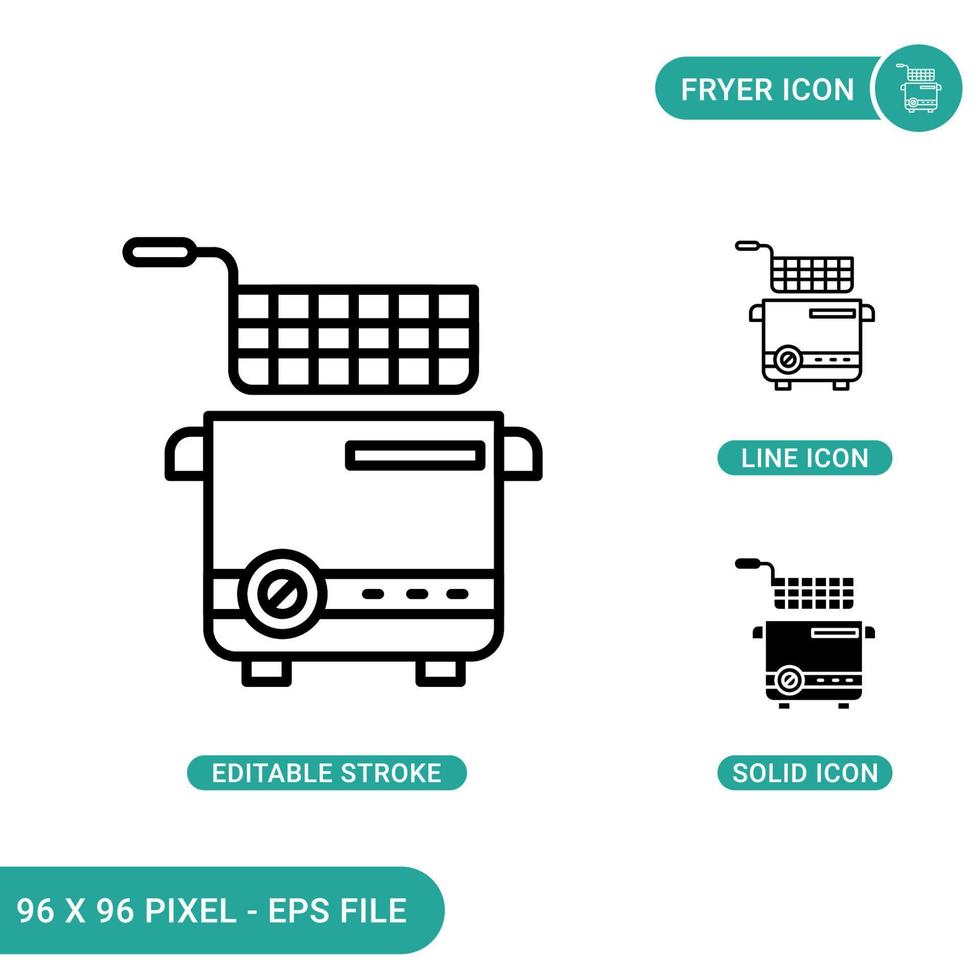 Fryer icons set vector illustration with solid icon line style. Potato basket concept. Editable stroke icon on isolated background for web design, infographic and UI mobile app.