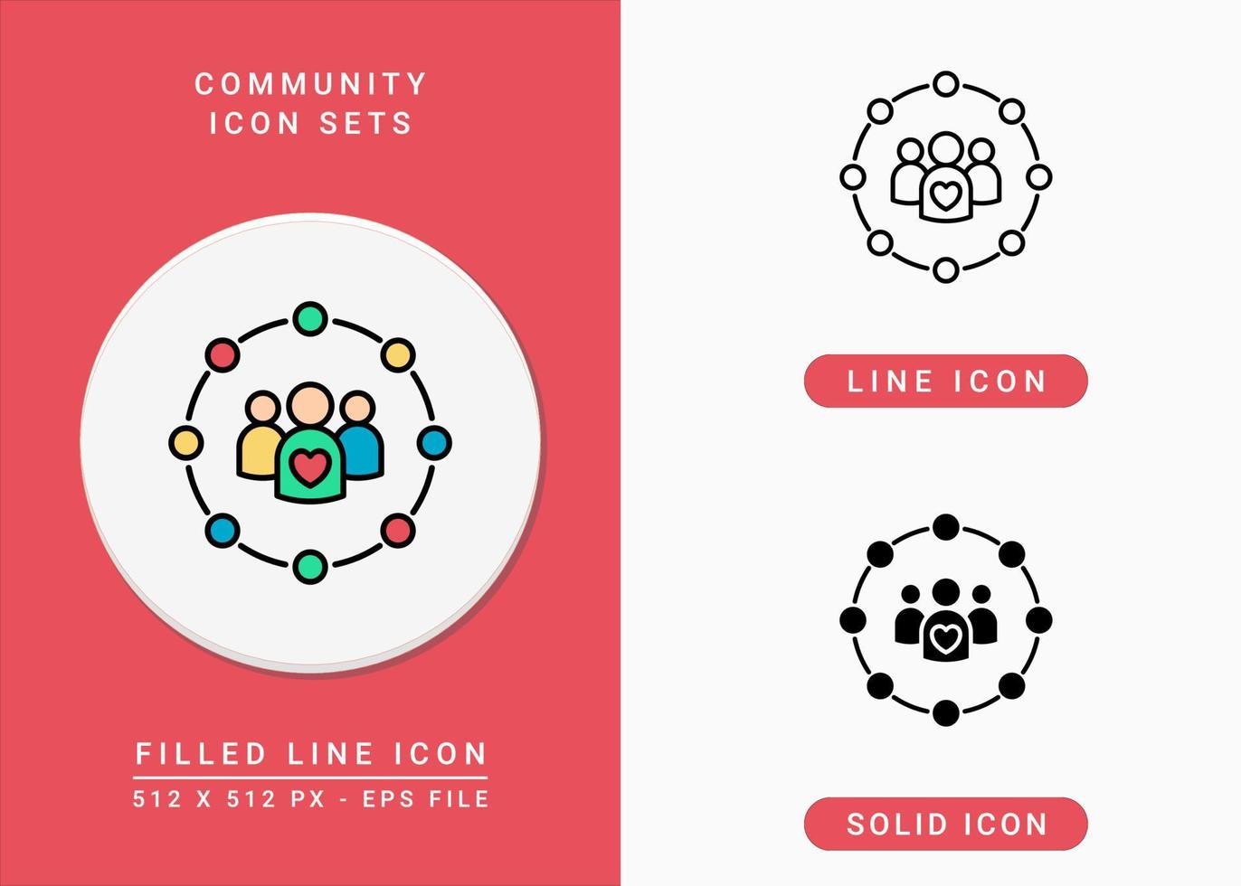 Community icons set vector illustration with solid icon line style. Unity support concept. Editable stroke icon on isolated background for web design, infographic and UI mobile app.