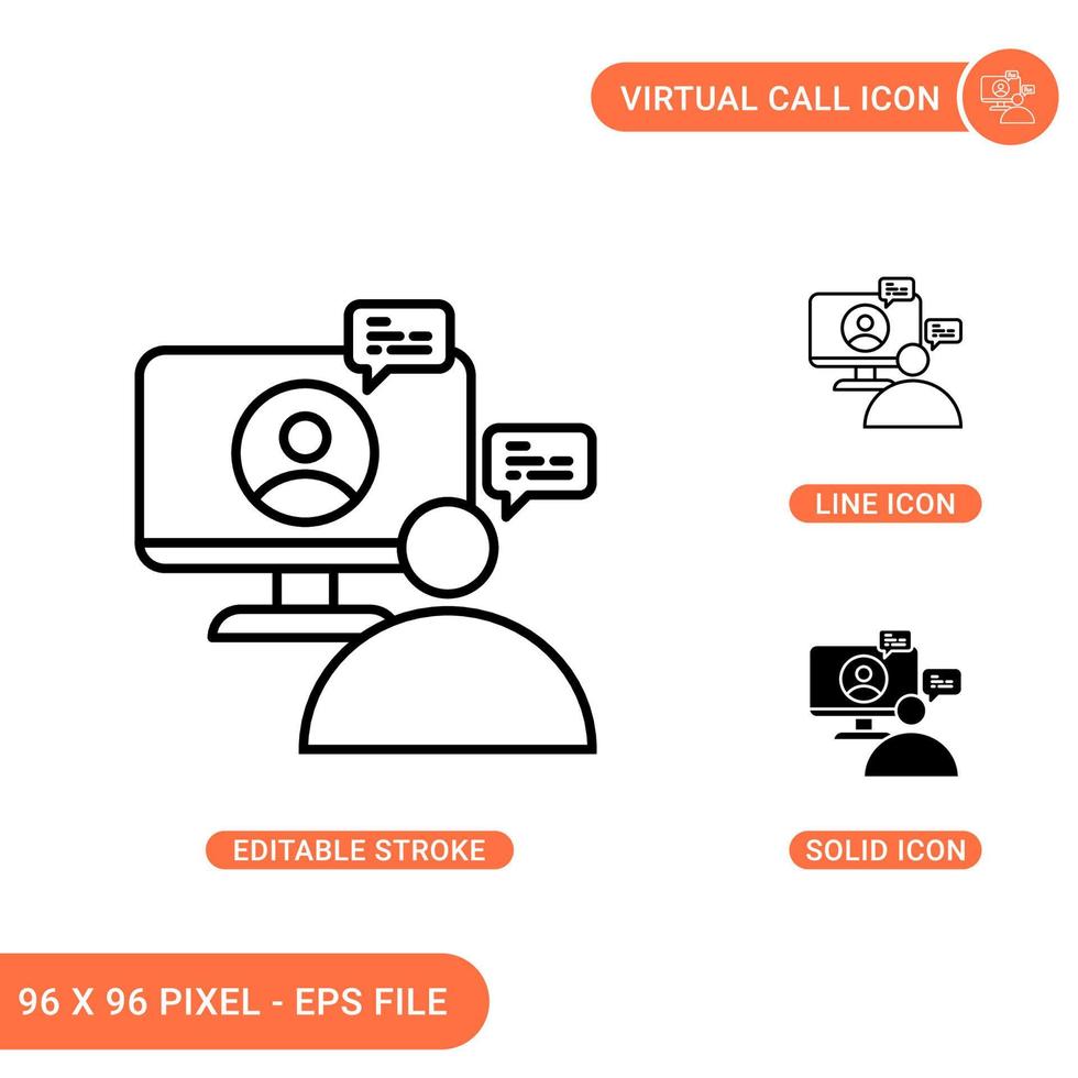 Virtual call icons set vector illustration with solid icon line style. Online communication concept. Editable stroke icon on isolated background for web design, infographic and UI mobile app.