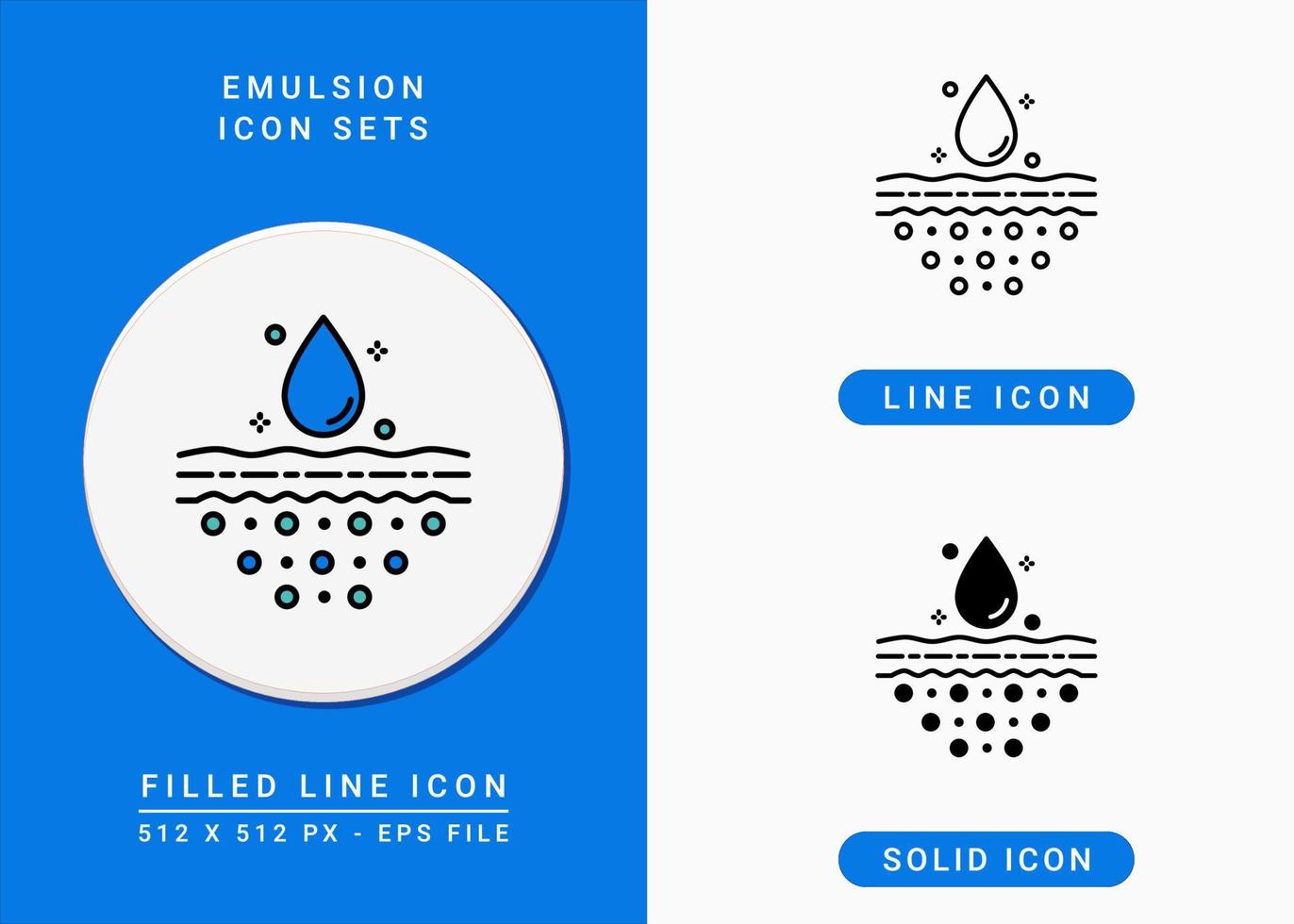 iconos de emulsión establecer ilustración vectorial con estilo de línea de icono sólido. concepto de absorción de agua de gota. icono de trazo editable en un fondo aislado para diseño web, infografía y aplicación móvil ui. vector