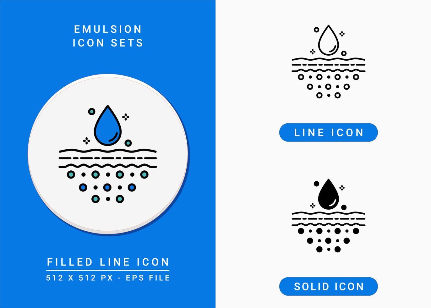 Emulsion icons set vector illustration with solid icon line style. Drop water absorption concept. Editable stroke icon on isolated background for web design, infographic and UI mobile app.