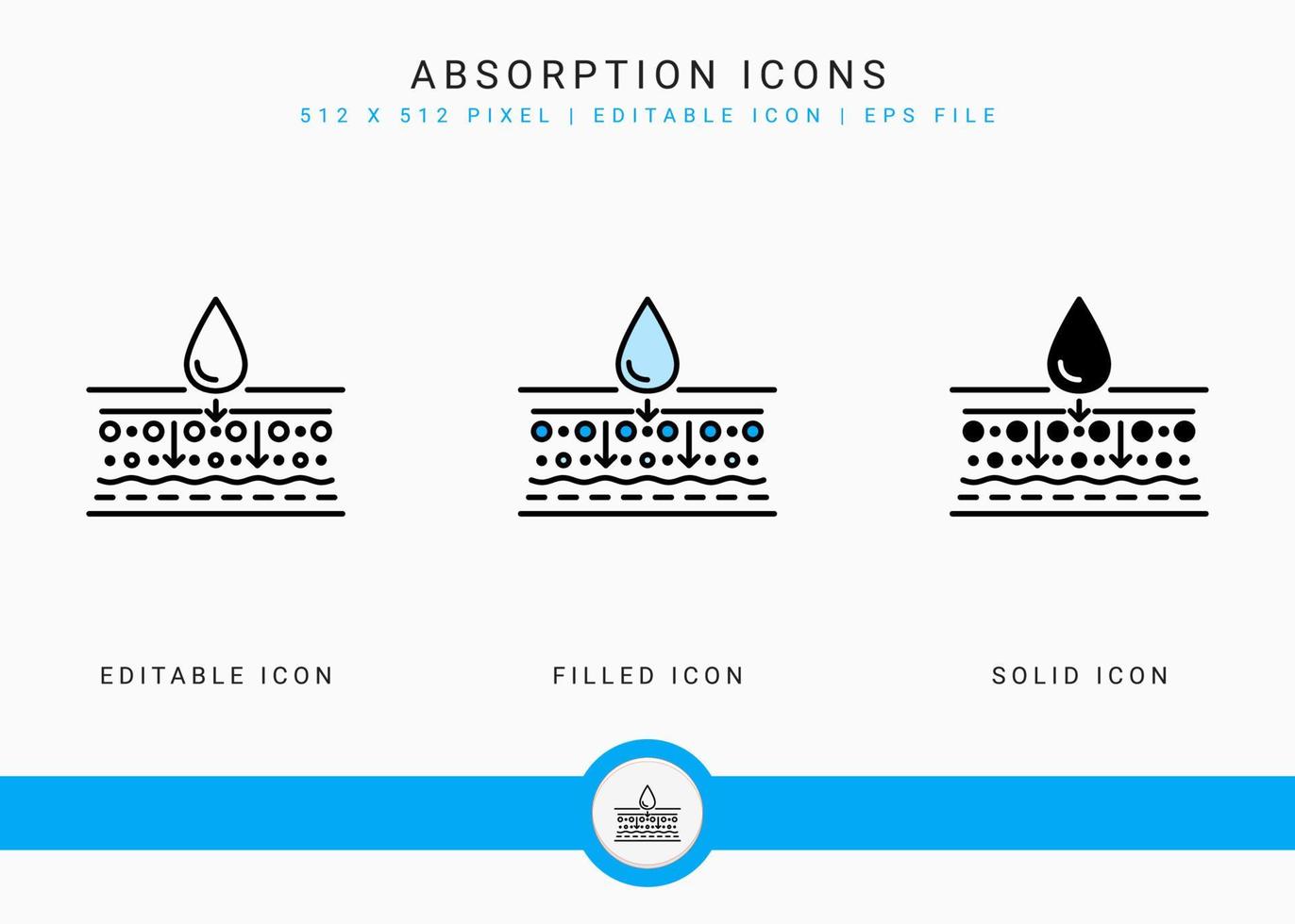 Absorption icons set vector illustration with solid icon line style. Drop water emulsion concept. Editable stroke icon on isolated background for web design, infographic and UI mobile app.